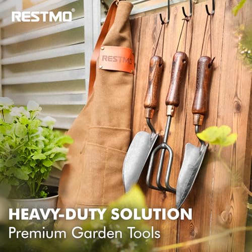 RESTMO Gardening Tools Set, 3-in-1, Carbon Steel, Wooden Handle, Brown | Heavy duty gardening tools kit. Includes trowel, transplanter, cultivator. Ergonomic wooden handle. Ideal gardening gifts. - size: Gardening Tool Set