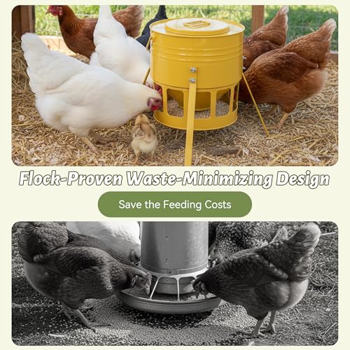 KOL Metal Chicken Feeder - 20lbs No Waste Chicken Feeder with 12 Ports, Powder Coated Rust-Proof Design & Smooth Edges for Safe Feeding (Yellow) - color: Yellow