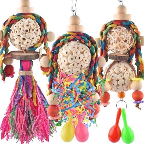 Bissap 3PCS Bird Parrot Foraging Shredder Hanging Toys Sola Balls with Sand Hammer for Small Parrots Parakeets Conures Cockatiels Love Birds Cage Toy - size: 3 PCS