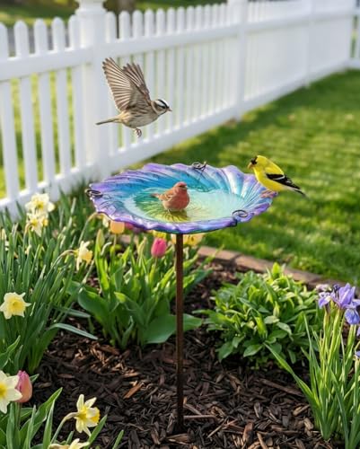Blue Glass Bird Bath, 10.5" Shallow Birdbath with 3-Prong Stake | Decorative Birdbath Bowl & Wild Bird Feeder for Garden, Patio, Backyard Decor