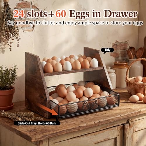 LemonRoad Wooden Egg Holder Fresh Egg Holders with Wire Basket Organizer for Countertop 24+60 Eggs Rustic Kitchen Organizer Basket for Gathering Fresh Chicken/Duck/Quail/Turkey Eggs(Brown) - color: Brown