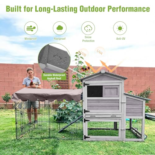 GUTINNEEN Large Wooden Chicken Coop with Run for 4–6 Chickens, Outdoor Chicken House with Wheels, Nesting Box & Removable Tray, Waterproof Asphalt Roof, Steel Frame Poultry Cage - size: 79.1"L x 25.2"W x 43.6"H