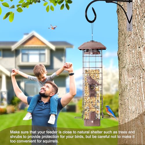Squirrel Proof Bird Feeder for Outdoors Hanging, Metal 3LB Feeder | Weight activated gravity protection metal feeder with 4 ports for wild birds, chew proof hanging birdfeeder for cardinals