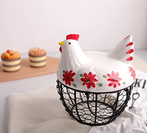 Kitchen Storage Metal Wire Egg Basket with Ceramic Farm Chicken Cover Fresh Egg Holder/Organizer Case/Container - color: red with black basket