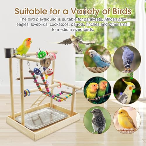 PINVNBY Bird Playground Parrot Playstand Play Gym Cockatiel Wood Bird Toys Birds Cage Accessories Playpen Ladder with Feeder Cups Hanging Swing Toys for Parakeet Conure Lovebird Cockatiel - size: Two Floors With Wooden Bridge