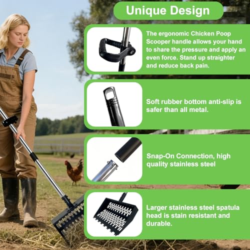 Chicken Poop Scooper, 2-in-1 Coop Scoop & Chicken Poop Rake, 12" Wide Sifting Shovel with 25-66" Adjustable Stainless Steel Handle, Heavy Duty Metal Pooper Scooper for Backyard Chicken Coop