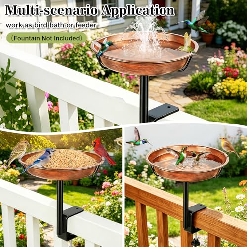 Gtongoko Deck Mounted Metal Bird Bath for Outside, 12 Inch Dia Weather-Resistant Birdbath Bowl for Balcony Fence Railing with Adjustable Clamp Outdoors - size: 12″ dia, 2″ depth bowl, deck