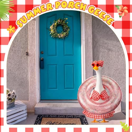 Bikini Porch Goose Outfits with Sunglasses and Swimming Tube for 23" Summer Goose Costume Garden Patio Statue Decor(Red Plaid) - style: Red Plaid