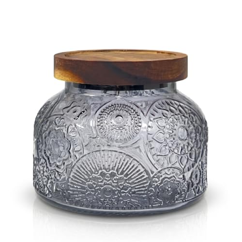 Decorative Grey Embossed Glass Jar with Airtight Wooden Lid, 25.4 fl. oz | Wide mouth vintage storage canister, kitchen pantry bathroom organization, coffee sugar tea cookie candy candle vase gift - size: 25.4 Ounces, style: Grey Flower