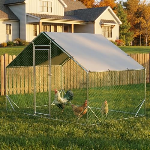 10' x 6.6' Large Metal Chicken Coop, Outdoor Heavy-Duty Chicken Run with Waterproof Oxford Cover & Secure Lockable Door, Walk-in All-Weather Poultry Cage for Hens, Ducks, Rabbits, Silver - color: Silver B, size: 120.0"L x 79.2"W x 79.2"H