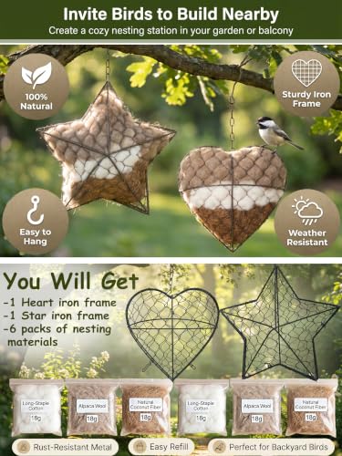 2-Pack Heart & Star Shaped Alpaca Fiber Bird Nesting Holder, Refillable Nesting Material for Wild Birds & Hummingbirds, Outdoor Garden Decor & Bird Lover Gift - color: heart+star