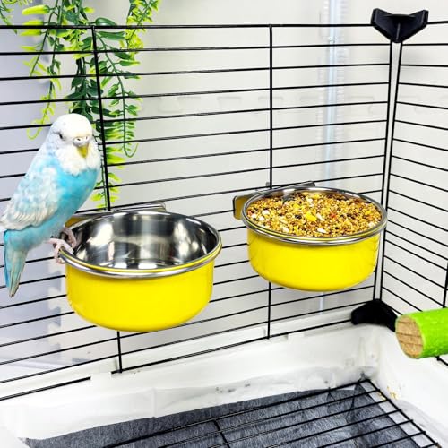 3 Pcs Parrot Feeding Dish Cups,Stainless Steel Bird Food Water Bowls | Parrot Cage Feeder with Clamp Holder Small Bird Feeding Cup for Parakeet Cockatiels Conure Budgies Chinchilla Small Animal - size: 3pcs Yellow