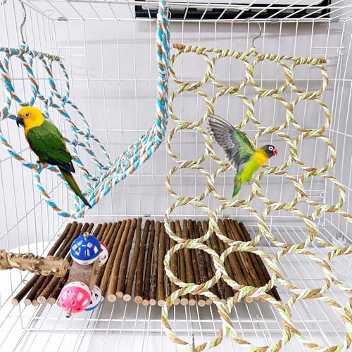 2 Pcs Bird Swing Climbing Rope Net Toys 14" x 24" Parakeet Hemp Rope Perch Swing Ladder Bridge Hanging Hammock Small Animal Activity Toy for Parrot Lovebirds Hamster Mice Rat Ferret (Random Color) - size: 2Pcs