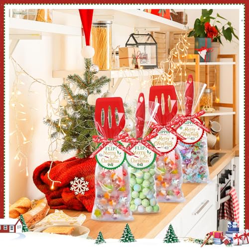 Reallnaive 24 Pack Christmas Silicone Turner Spatulas Heat Resistant | Christmas Cooking Utensils Gifts Set, Slotted Design for Draining, 24 Transparent Plastic Bags, 24 Round Cards, Ribbon