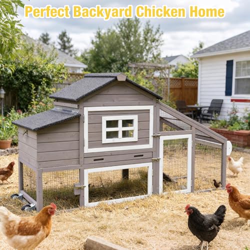 Aivituvin Mobile Chicken Coop with Wheels for 2-4 Chickens, Backyard Expandable Chicken House Duck Cage with Run, 2 Nesting Boxes, Easy Clean Pull-Out Tray, Leak-Resistant Asphalt Roof, 72.3"(Brown) - color: Brown, size: 72.3"L x 26.0"W x 39.4"H