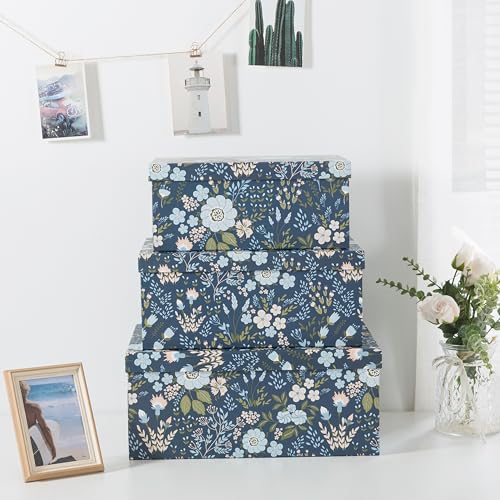 Soul & Lane - Nightfall Bloom Decorative Storage Boxes with Lids, Set of 3 | Large Nesting Cardboard Keepsake Boxes for Photos and Memories, Floral Photo Storage Containers for Home Decor - color: Nightfall Bloom