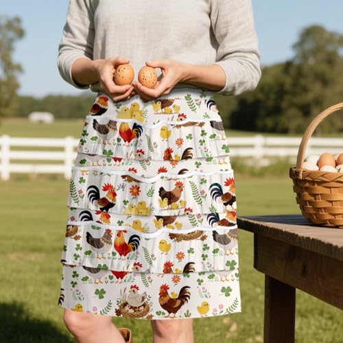 CUTHOLLOW Egg Collecting Apron for Adlut, Housewife, 18 Deep Pockets Hen Egg Gathering Holding Apron with Elastic Closures - style: Chicken Flowers