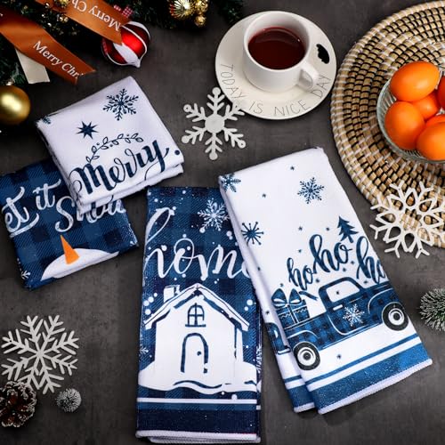 Oudain Sets of 6 Christmas Kitchen Towels Xmas Dish Towel Blue Buffalo Plaid Winter Elk Snowman Cottage Truck Hand Dishcloths Kit Novelty Gifts for Party Supplies Kitchen Bathroom Decor - color: Blue Plaid