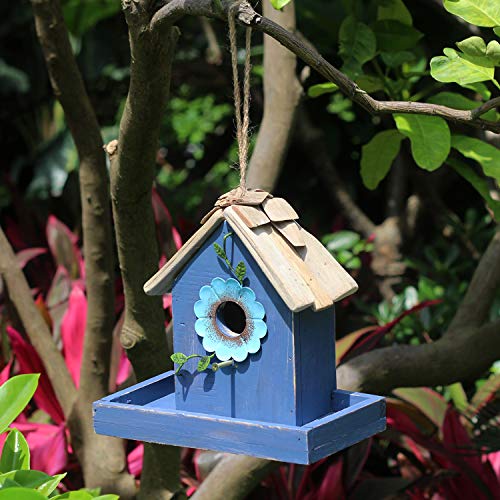 Bird Feeder House for Outside Hanging, Wooden Birdhouse Bluebird House Feeder Handcrafted Hut - color: 1-Blue