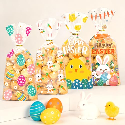 Doneace Easter Treat Bags Clear Easter Cellophane Bags for with Twist Ties for Candy Goodie Cookies Sweet and Gifts Packaging 4 Style Platstic Party Favors Bags 50PCS