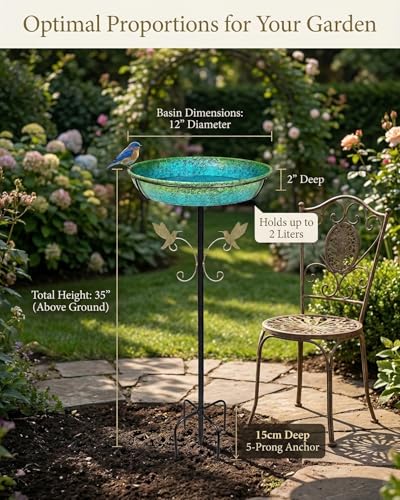 35" Metal Bird Bath for Outside Standing Metal Bird Bath Stake in Ground Iridescent Blue Green Birdbath with Scientifically Designed Color Lure for Birds 12" Detachable Bowl for Garden Patio Yard - color: Peacock Green Blue Gradient