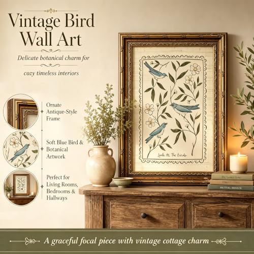 Vintage Gold Framed Christian Bird Wall Art, Look at the Birds Folk Art Canvas Print, Bible Verse Floral Wall Decor, Antique Neutral Cottagecore Scripture Faith Poster Artwork for Bedroom Living Room - color: Bird-3, size: 11"L x 9"W