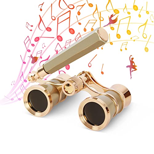Aomekie Opera Glasses Binoculars 3X25 Theater Glasses Mini Binocular Compact with Handle for Adults Women in Musical Concert（Gold） - color: Gold with Handle