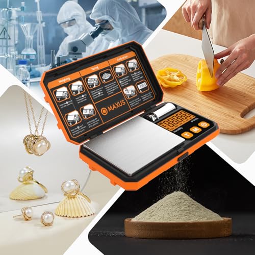Pocket Scale, 200g x 0.01g, with 50g Calibration Weight and USB Cable | Digital Gram Scale, 6 Units, Backlit LCD, Stainless Steel Platform, Rubber Edges, for Jewelry, Coins, Powders, Food or Gems - color: Orange