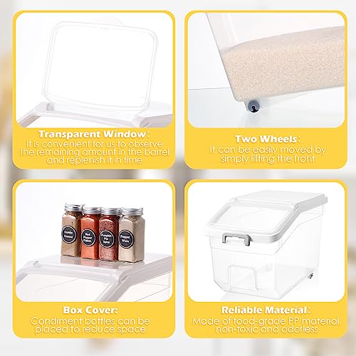 4 Pcs Rice Storage Container 28 lb Airtight Flour Container with Wheels Measuring Cup Clear Pet Food Cube Dog Birds Cat Food Bin Grain Cereal Organizer Box for Dry Baking Supplies(White Lid) - color: White Lid, size: 28 lb