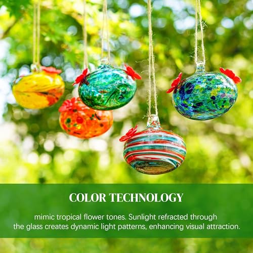 6 PCS Hummingbird Feeders for Outdoors Hand Blown Glass Hummingbird Feeder | 3.1 Inch Hanging Glass Humming Bird Feeders with 2 Flower Feeding Ports for Window Outside Garden Decor Gift