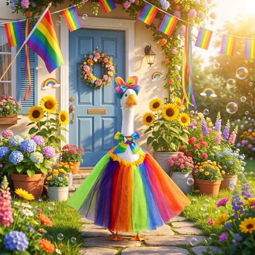 Abbylike Rainbow Porch Goose Outfit Pride Goose Outfit LGBTQ Lawn Geese Costume Clothes with Bow Headband and Tie Fits 23" Cement Geese Statue for Pride Month Outdoor Garden Yard Patio Art Decor - style: Halloween Rainbow