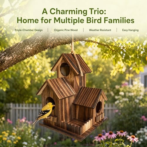 Wooden Bird House for Outside, 3-Chamber Rustic Birdhouse, Hand-Charred Solid Wood Weather Resistant Hanging Nest Box for Bluebird Finch Sparrow, Outdoor Garden Decor (Classic)