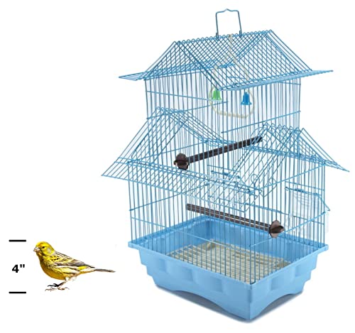 Small Blue 18-inch Wire Bird Cage for Budgies, Parakeets, Finches, Canaries, Lovebirds, Quaker Parrots, Cockatiels, Conures - Perfect Travel Cage and Hanging Bird House