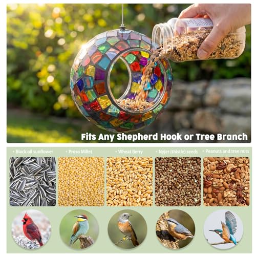 VCUTEKA Mosaic Bird Feeder Fly Through Hanging Birdfeeders for Garden Decor | 7" Mosaic Bird Feeeder for Outside, Round Polygon Shape Glass Container to Attract Wild Birds for Outdoors Garden Lawn Decor - color: Yellow&Red