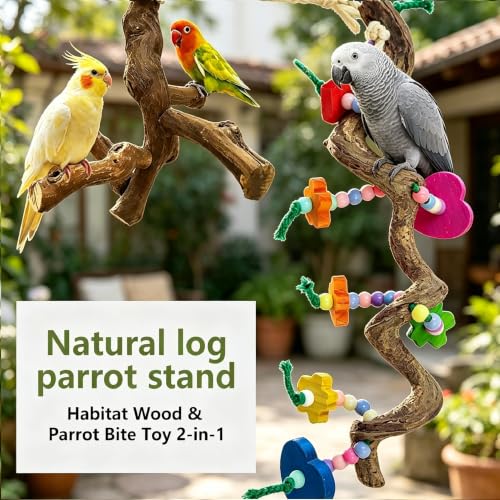 2ps Bird Perch for Cage,Grape Wood Parrot Perches with Chew Toys(Grapevine) | Climbing, beak sharpening, claw sharpening - color: Grapevine