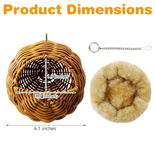 Rattan Birds Nest for Cage Hanging Parakeet House Chewproof Parrot Breeding Bed Small Budgies Hideout Swing Hut Bird Cage Accessories for Lovebirds Cockatiel Conure Finch Canary (Brown)
