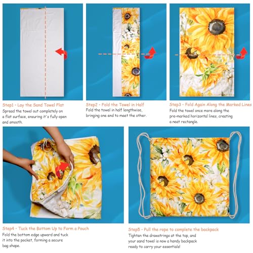 Sunflower Floral Beach Towel Bag - Summer Yellow Flowers 2 in 1 Travel Blanket Backpack for Women Holiday Picnic 63"x31.5" - color: Watercolor Sunflower Yellow