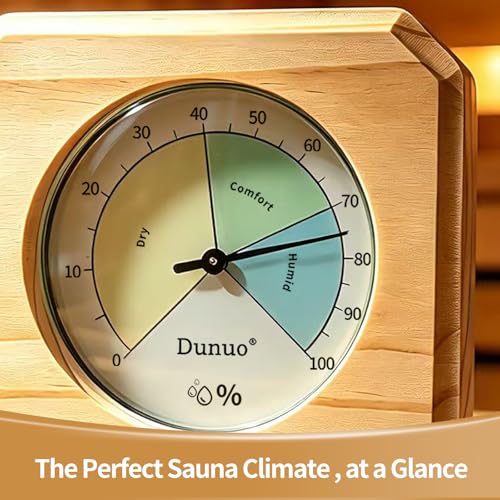 2-in-1 Sauna Thermometer Hygrometer, Finnish Pine | Color Coded Comfort Dial, Solid Wood Craft, °F/°C Dual Scale, Battery-Free Wall Mount, Fits Steam & Home Sauna