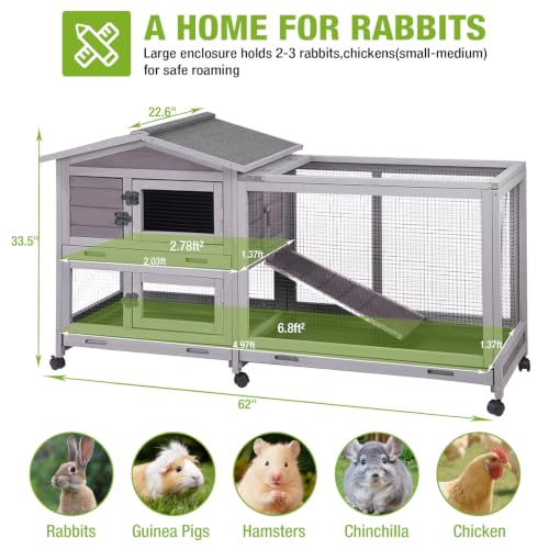 Rabbit Hutch with Wheels, Chew-Resistant Ramp & Leakproof Tray | Aluminum-reinforced ramp resists chewing; 3 removable trays pull out from front/back; 6 access doors for easy cleaning - color: Gray with Run