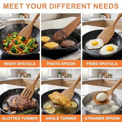 Acacia Wood Kitchen Utensil Set Wooden Spoons for Cooking Turner Spatula | 8 Pcs Best Bamboo Non Toxic Cooking Utensils Scraper Spurtle Kitchen Slotted Cooking Spoon Flat Egg Flipper Wok Spatula Set - color: 8Pcs-Utensils