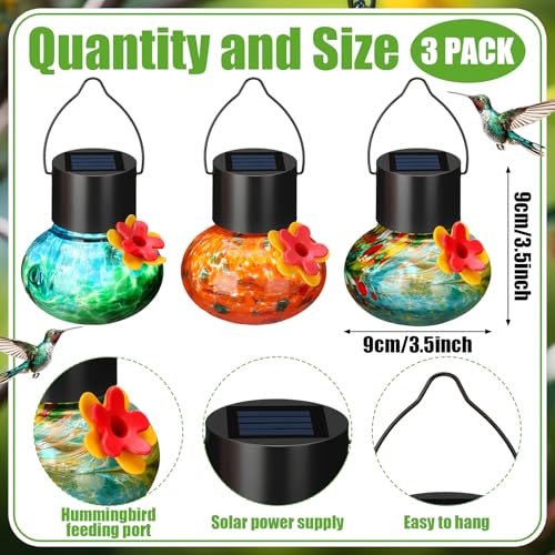 Nuogo 3 Pcs 3.54 Inch Blown Glass Hummingbird Feeders Solar Powered Hummingbird Feeder with LED Light for Garden Outdoors Window Decor Valentine Hanging Gifts Ant and Bee Resistant(Classic Colors) - color: Color A, style: Classic