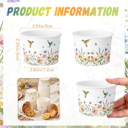 Funnymoom 50 Pack Wildflower Treat Snack Cups Spring Bird Flower Paper Ice Cream Cups 9 oz Hummingbird Floral Party Disposable Dessert Bowls for Hot or Cold Food Birthday Party Baby Shower Supplies - color: Fresh Green, style: Hummingbird