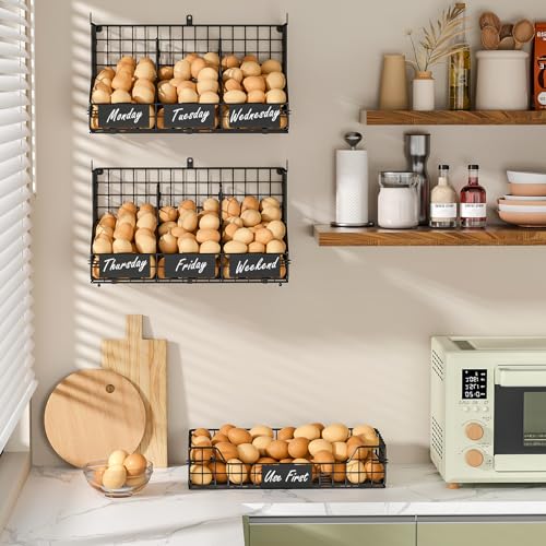 Egg Holder Countertop, 3-Tier Egg Rack, Stackable Wire Baskets | 3 iron baskets; 7 labels; 4 adjustable dividers; stackable or wall mounted - color: Black