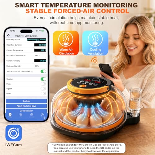 12-Egg Incubator for Hatching Chicken Eggs with WiFi Camera and Auto Turner | Built-in egg candler, temperature and humidity control, app monitoring and 8GB microSD for duck, quail and pigeon eggs.