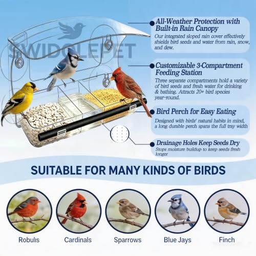 Window Bird Feeder Outdoor with 3 Feeding Compartments | Bird feeders with strong suction cups ，Squirrel Proof Clear Acrylic backyard birding & wildlife, Wild Bird Watching Gift