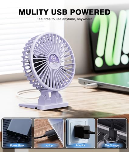 JZCreater USB Desk Fan, Mini Fan Portable, 3 Speeds Desktop Table Cooling Fan, Plug in Power Fan, Rotation Strong Wind, Quiet Personal Small Fan for Home Desktop Office Travel Bedroom, Purple - color: Purple