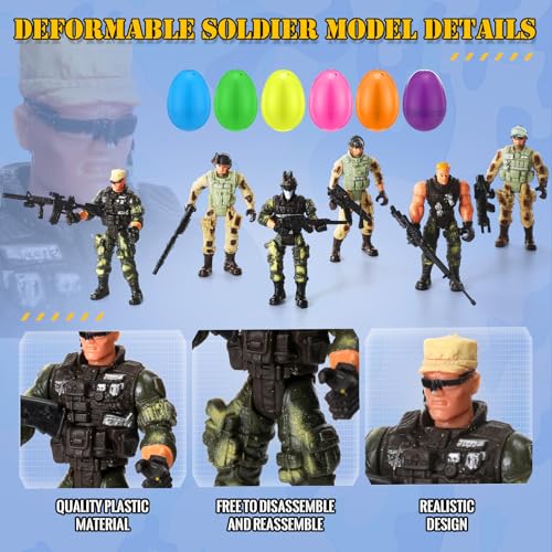 Capoda 4.7" Jumbo Easter Eggs with Soldier Deformation 6 Set Easter Basket Stuffers Egg with Toy Army Men Action Figures with Weapons Basket Stuffer Egg Hunt Fillers Classroom Prize Gift Goodie Favor
