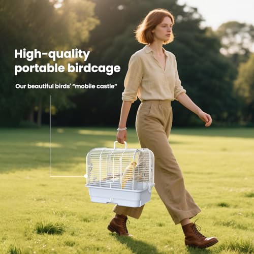 Travel Bird Carrier Cage,Parakeet Portable Cage with Feeder Cup & Standing | Transparent Small Bird Cage,Side-Opening Double Doors,Top Handle,4.9-inch Pull-Out Raised Chassis,Easy to Install