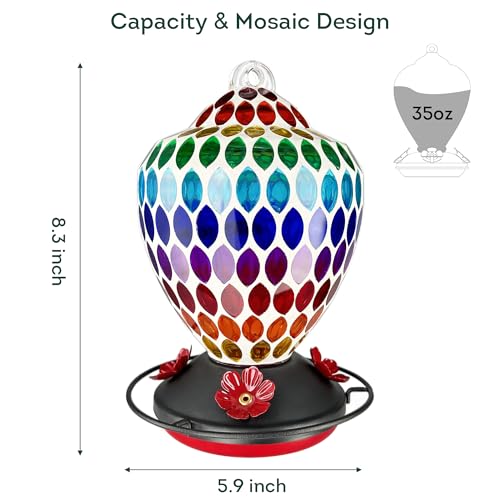 Lily's Home Mosaic Glass Hummingbird Feeder 35oz - Colorful Garden Décor - Easy Refill Wide-Mouth - Includes S Hook & Brush for Bird Lovers - Measures 5.9’’x5.9’’x8.3’’ - color: Multicolor