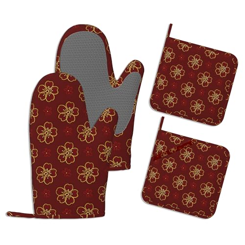 Gold Cherry Blossoms Oven Mitts and Pot Holders Sets,Extra Long Red Flowers Kitchen Mittens for Cooking,Thick Cotton Heat Resistant Silicone Cooking Utensils Set for Baking Cooking Grilling - color: Gold Cherry Blossoms